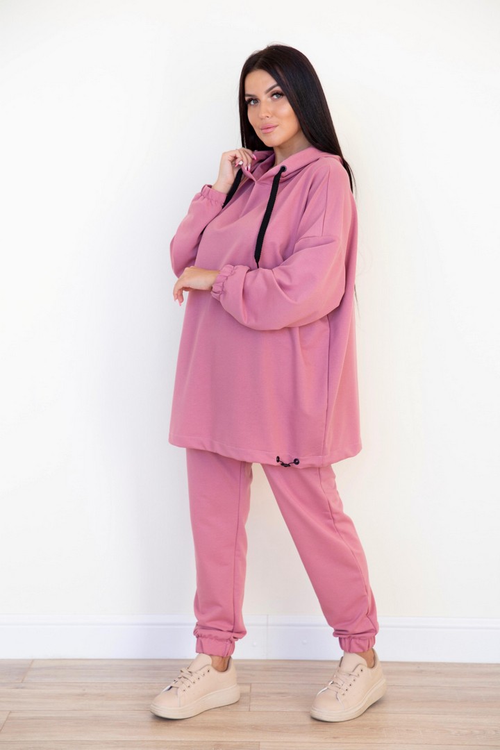 Фото товара 21557, женский розовый костюм с длинной толстовкой